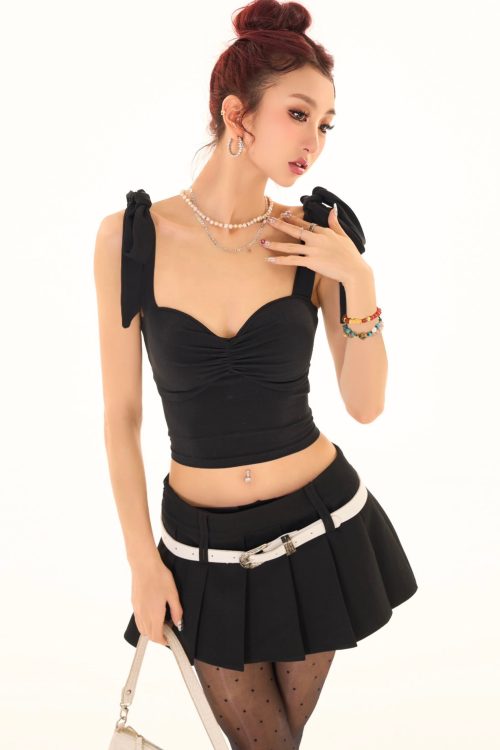 Nora Solid Color Black Ribbon Tie Strap Slim Backless Cut Out Design Top