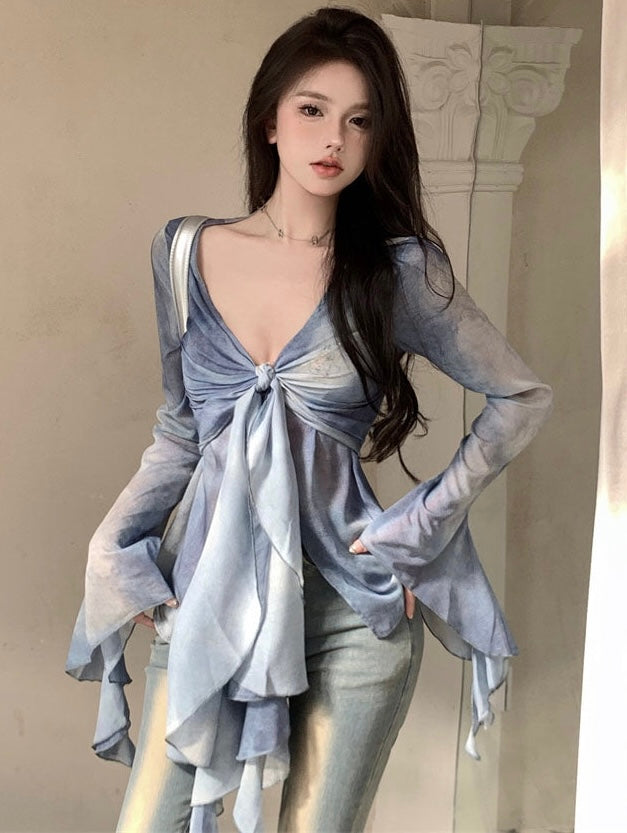 bia-blue-tie-dye-ruffled-long-sleeve-french-v-neck-front-tie-sheer-top-1 bia-blue-tie-dye-ruffled-long-sleeve-french-v-neck-front-tie-sheer-top-1