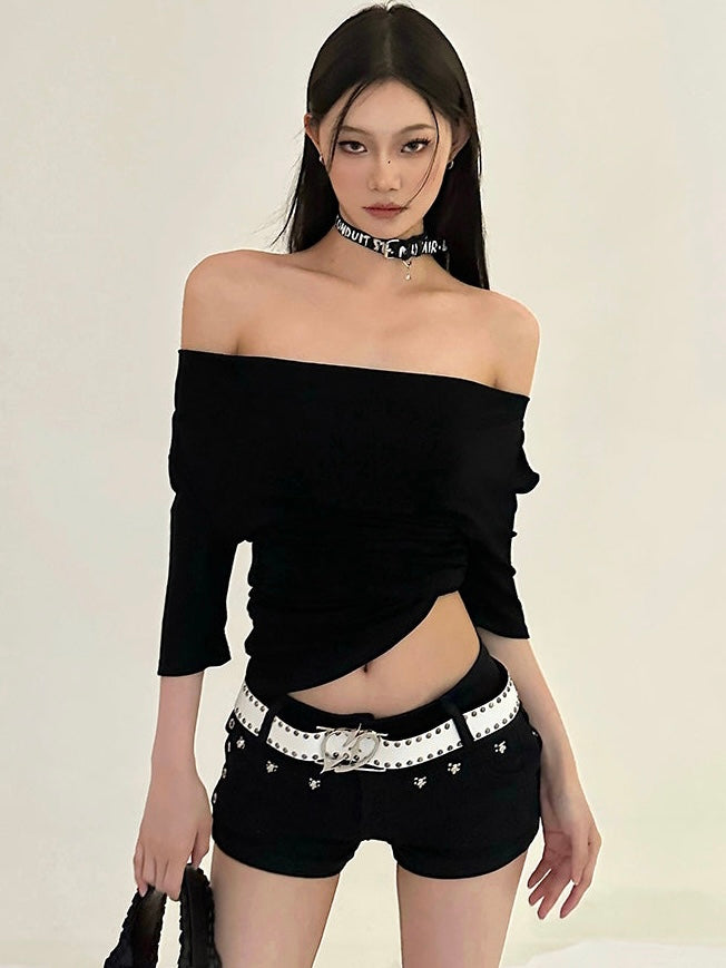 linda-solid-color-black-off-the-shoulder-pleated-irregular-slanted-top-1 Black One Shoulder Going Out Top