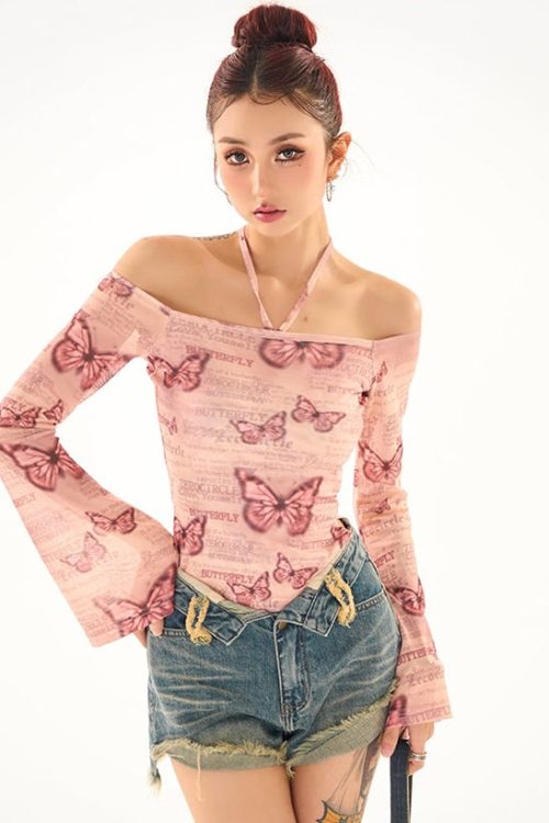 Maribella Pink Butterfly Print Long Bell Sleeve Off-the-Shoulder Slim Cropped Top