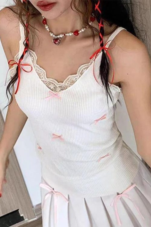 White Lace Trim Cami Top for Coquette Summer Outfits
