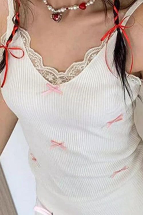White Lace Trim Cami Top for Coquette Summer Outfits