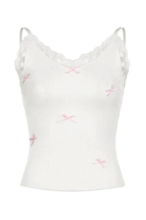 White Lace Trim Cami Top for Coquette Summer Outfits
