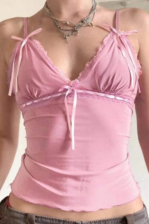 Pink Lace Trim Cami Top for Soft Girl Outfits