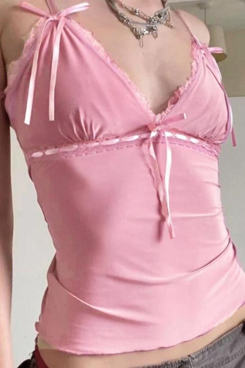 Pink Lace Trim Cami Top for Soft Girl Outfits