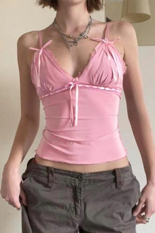 Pink Lace Trim Cami Top for Soft Girl Outfits