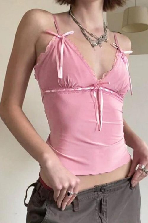 Pink Lace Trim Cami Top for Soft Girl Outfits