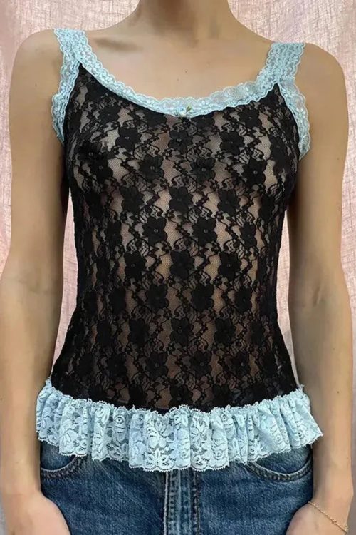 Black Lace Trim Cami Top for Going Out Outfits