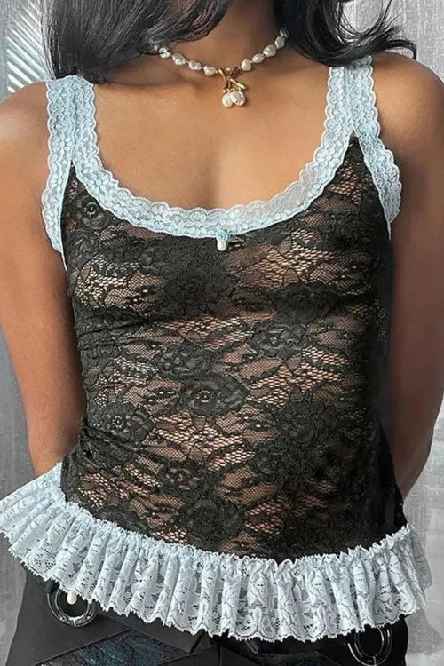 Black Lace Trim Cami Top for Going Out Outfits