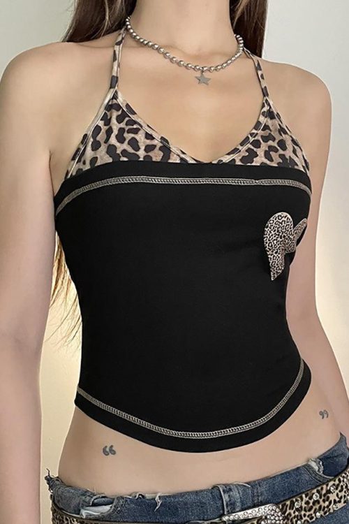 Leopard Heart Halter Backless Cami Top