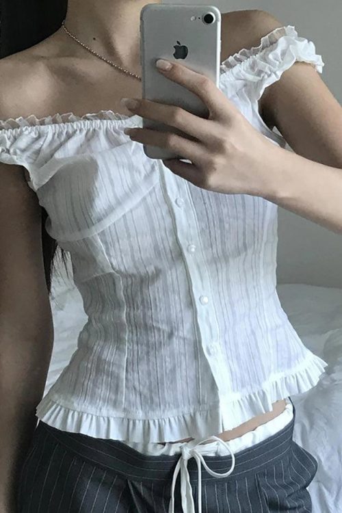 Ruffled-Trim Lace Panel Plain Button-Up Camisole Top