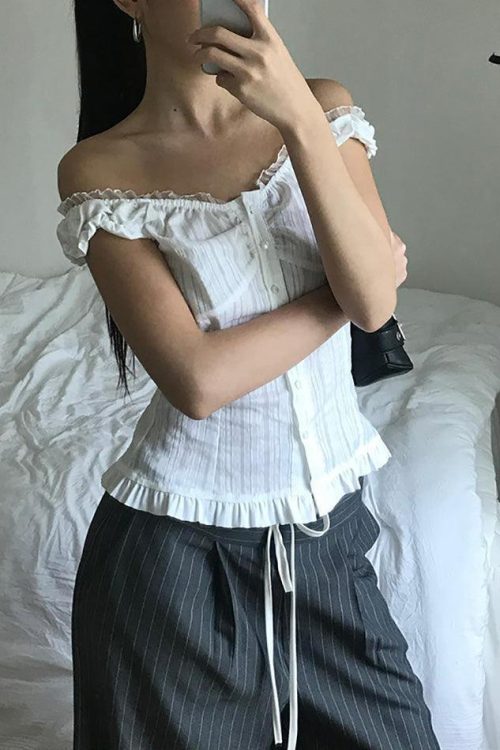 Ruffled-Trim Lace Panel Plain Button-Up Camisole Top