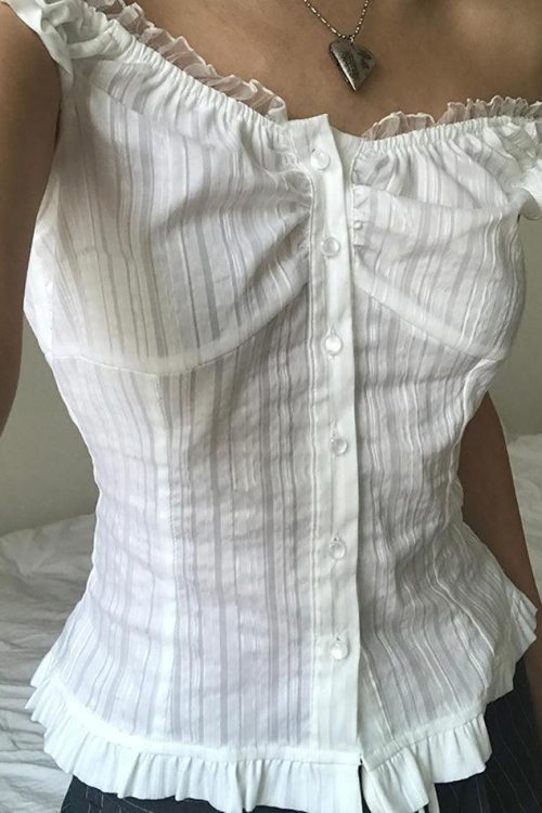 Ruffled-Trim Lace Panel Plain Button-Up Camisole Top