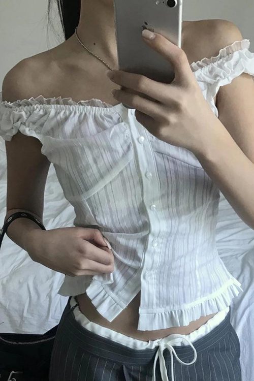 Ruffled-Trim Lace Panel Plain Button-Up Camisole Top