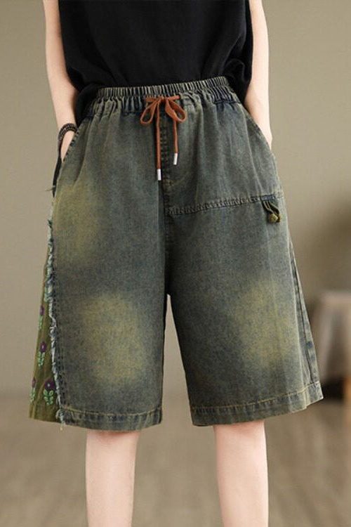 Summer Loose Casual Embroidered Elastic Waist Denim Shorts Outfit Ideas Shorts for Summer Loose Casual Embroidered Elastic Waist Denim Shorts outfit ideas