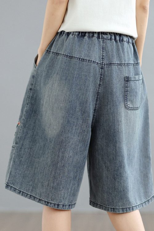 Women Blue Embroidered Pockets Denim Shorts Summer Outfit Ideas Shorts for Women Blue Embroidered Pockets Denim Shorts Summer outfit ideas