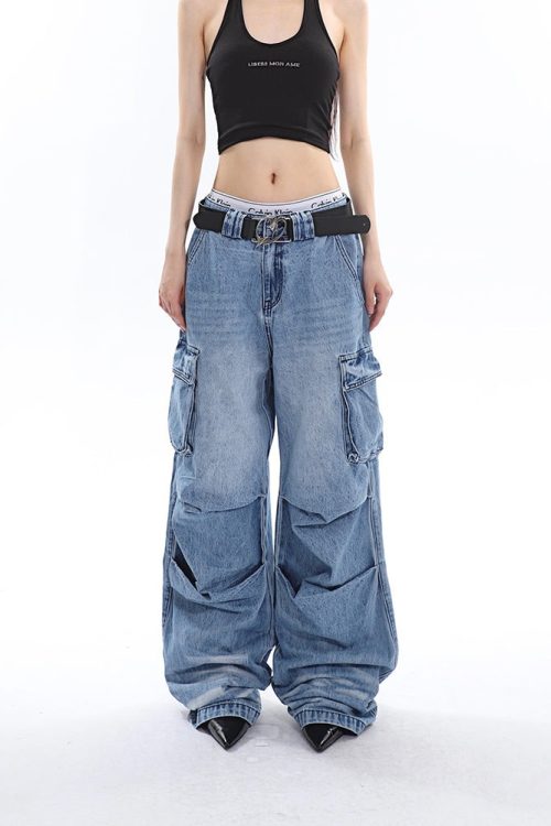 Denim Blue Low-Rise Straight Leg Pleated Stacked Multi-Pocket Cargo Jeans Pants for Denim Blue Low-Rise Straight Leg Pleated Stacked Multi-Pocket Cargo Jeans Pants