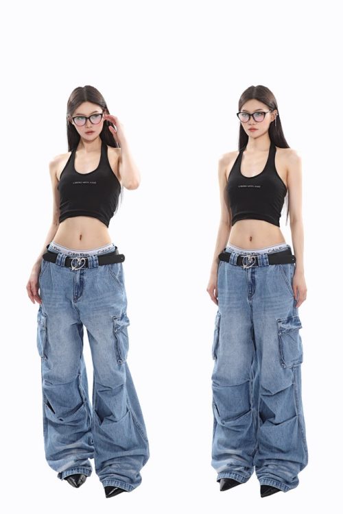 Denim Blue Low-Rise Straight Leg Pleated Stacked Multi-Pocket Cargo Jeans Pants for Denim Blue Low-Rise Straight Leg Pleated Stacked Multi-Pocket Cargo Jeans Pants