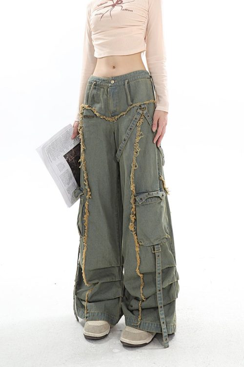 Denim Green Vintage Distressed Large Multi-Pockets Patchwork Pleated Straight Leg Cargo Jeans Pants for Denim Green Vintage Distressed Large Multi-Pockets Patchwork Pleated Straight Leg Cargo Jeans Pants