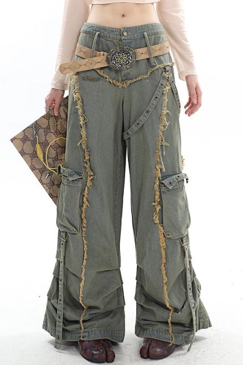 Denim Green Vintage Distressed Large Multi-Pockets Patchwork Pleated Straight Leg Cargo Jeans Pants for Denim Green Vintage Distressed Large Multi-Pockets Patchwork Pleated Straight Leg Cargo Jeans Pants
