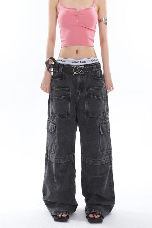 Denim High-Waist Patchwork Multi-Pocket Straight Leg Cargo Jeans Pants for Denim High-Waist Patchwork Multi-Pocket Straight Leg Cargo Jeans Pants