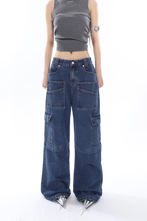Denim High-Waist Patchwork Multi-Pocket Straight Leg Cargo Jeans Pants for Denim High-Waist Patchwork Multi-Pocket Straight Leg Cargo Jeans Pants