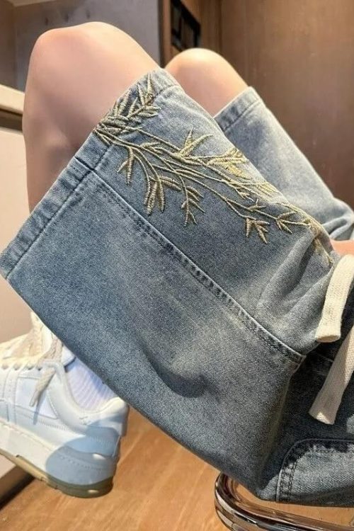 Floral Embroidered Denim Jorts for Floral Embroidered Denim Jorts