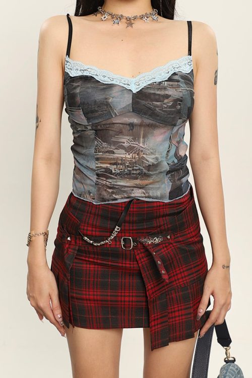 Graphic Strap V-Neck Lace Patchwork Camisole Top for Graphic Strap V-Neck Lace Patchwork Camisole Top