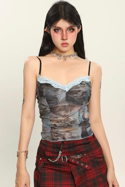 Graphic Strap V-Neck Lace Patchwork Camisole Top for Graphic Strap V-Neck Lace Patchwork Camisole Top