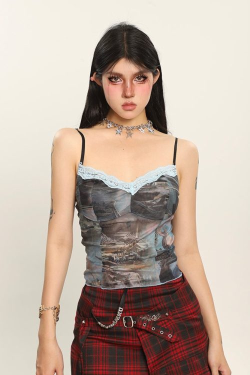 Graphic Strap V-Neck Lace Patchwork Camisole Top for Graphic Strap V-Neck Lace Patchwork Camisole Top