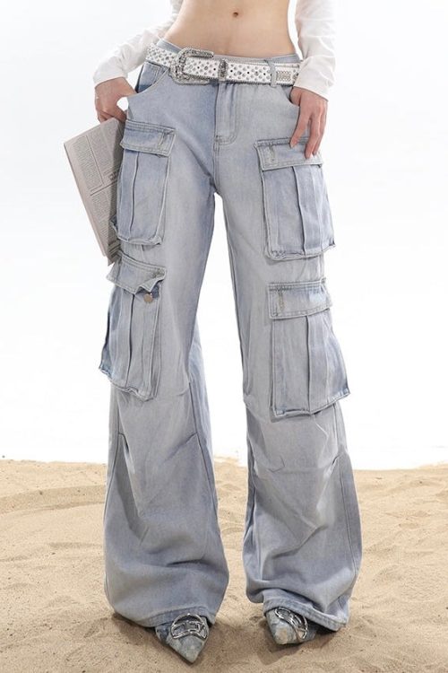 Light Denim Blue Washed White Multi Pocket Low-Rise Cargo Jeans Pants for Light Denim Blue Washed White Multi Pocket Low-Rise Cargo Jeans Pants