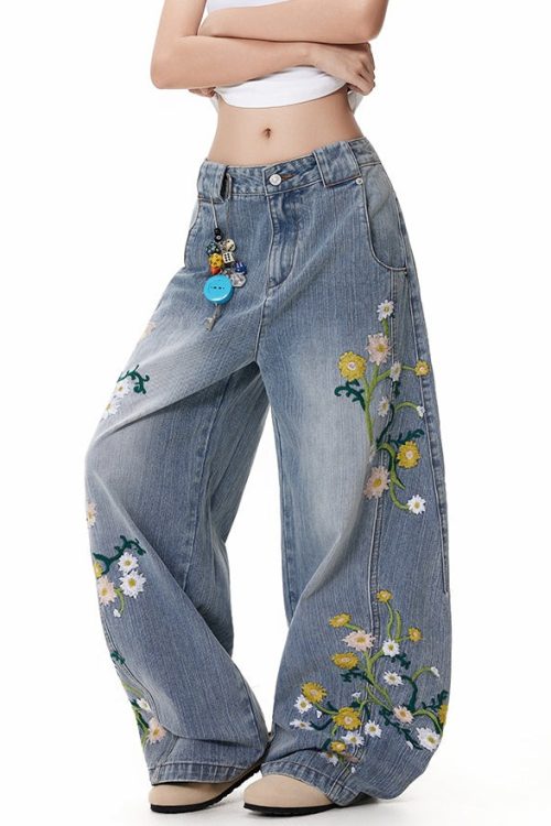 Relaxed Blue Pockets High Waist Denim Wide Leg Pants Embroidered for Relaxed Blue Pockets High Waist Denim Wide Leg Pants Embroidered