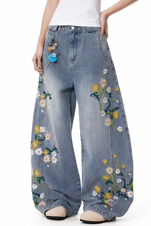 Relaxed Blue Pockets High Waist Denim Wide Leg Pants Embroidered for Relaxed Blue Pockets High Waist Denim Wide Leg Pants Embroidered