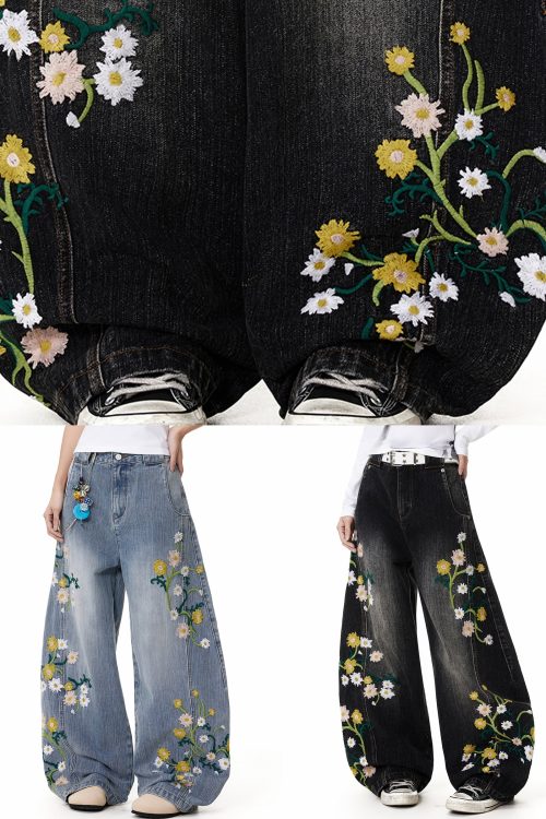 Relaxed Blue Pockets High Waist Denim Wide Leg Pants Embroidered for Relaxed Blue Pockets High Waist Denim Wide Leg Pants Embroidered