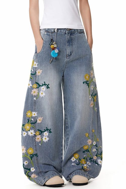 Relaxed Blue Pockets High Waist Denim Wide Leg Pants Embroidered for Relaxed Blue Pockets High Waist Denim Wide Leg Pants Embroidered