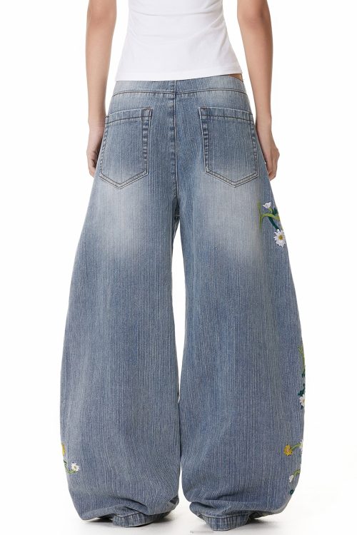 Relaxed Blue Pockets High Waist Denim Wide Leg Pants Embroidered for Relaxed Blue Pockets High Waist Denim Wide Leg Pants Embroidered
