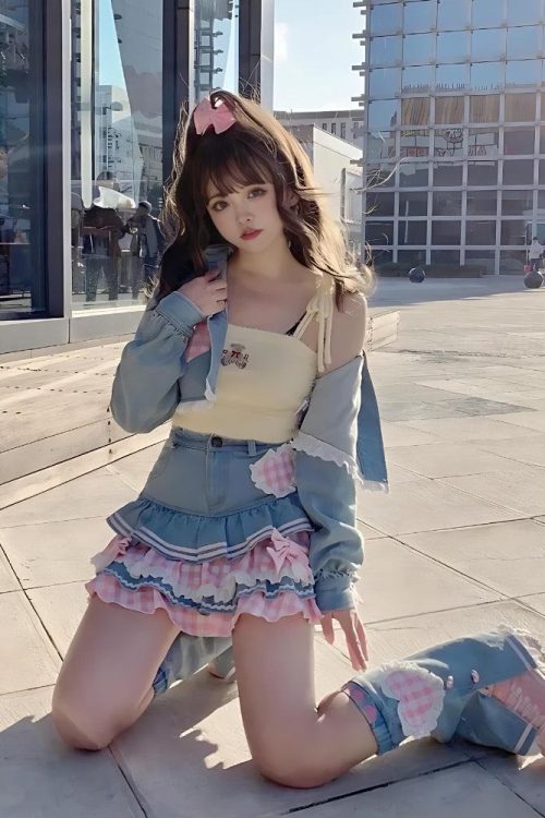 Relaxed Kawaii Layered Denim Mini Skirt for Relaxed Kawaii Layered Denim Mini Skirt