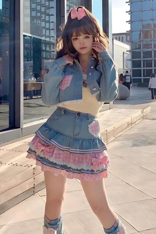 Relaxed Kawaii Layered Denim Mini Skirt for Relaxed Kawaii Layered Denim Mini Skirt