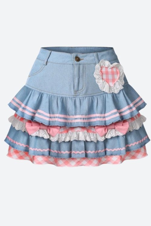 Relaxed Kawaii Layered Denim Mini Skirt for Relaxed Kawaii Layered Denim Mini Skirt