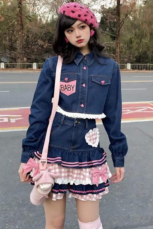 Relaxed Kawaii Layered Denim Mini Skirt for Relaxed Kawaii Layered Denim Mini Skirt