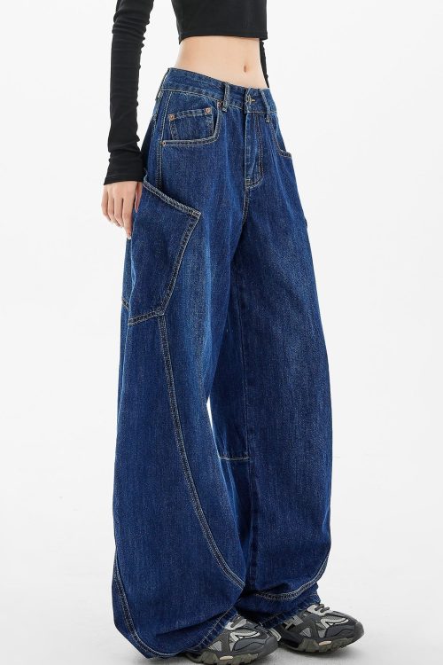 Relaxed Loose Navy Pockets Wide Leg Denim Pants Spring for Relaxed Loose Navy Pockets Wide Leg Denim Pants Spring