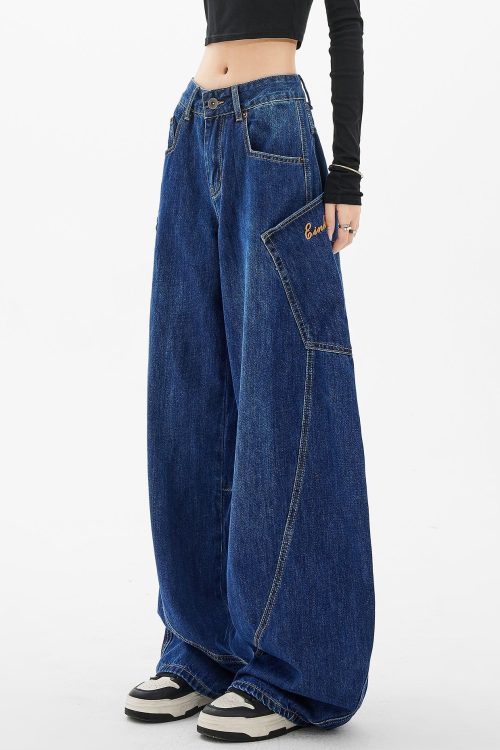 Relaxed Loose Navy Pockets Wide Leg Denim Pants Spring for Relaxed Loose Navy Pockets Wide Leg Denim Pants Spring