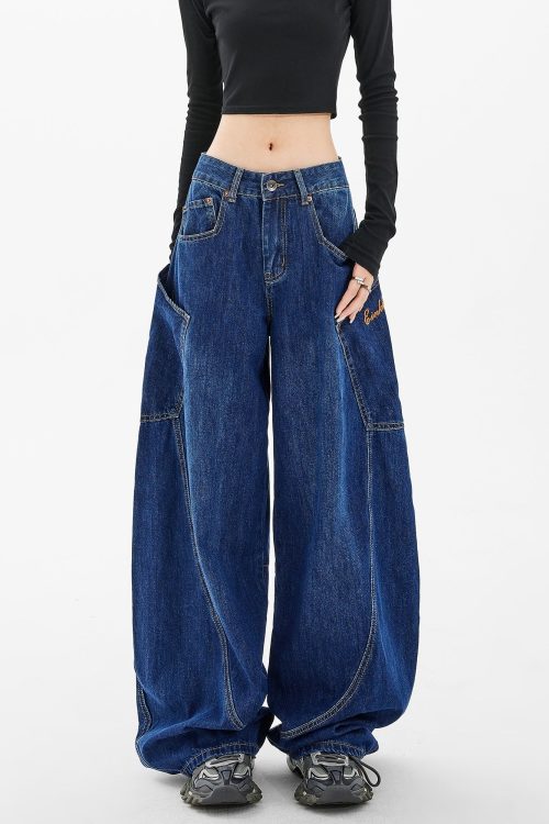 Relaxed Loose Navy Pockets Wide Leg Denim Pants Spring for Relaxed Loose Navy Pockets Wide Leg Denim Pants Spring
