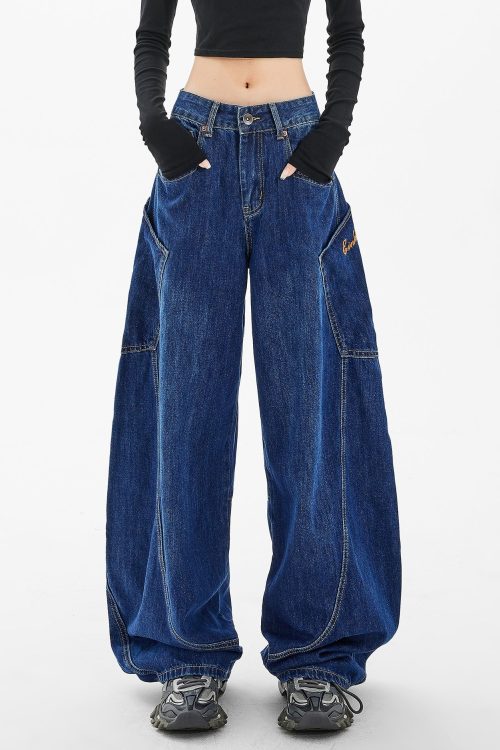 Relaxed Loose Navy Pockets Wide Leg Denim Pants Spring for Relaxed Loose Navy Pockets Wide Leg Denim Pants Spring