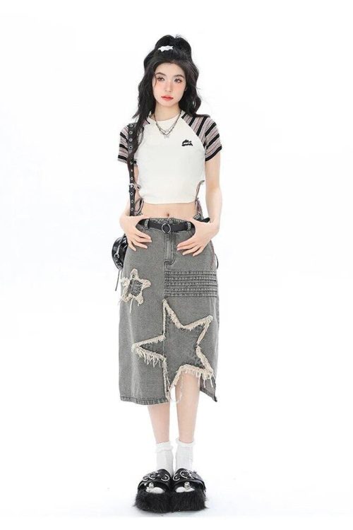 Relaxed Y2K Star Patchwork Midi Skirt for Relaxed Y2K Star Patchwork Midi Skirt
