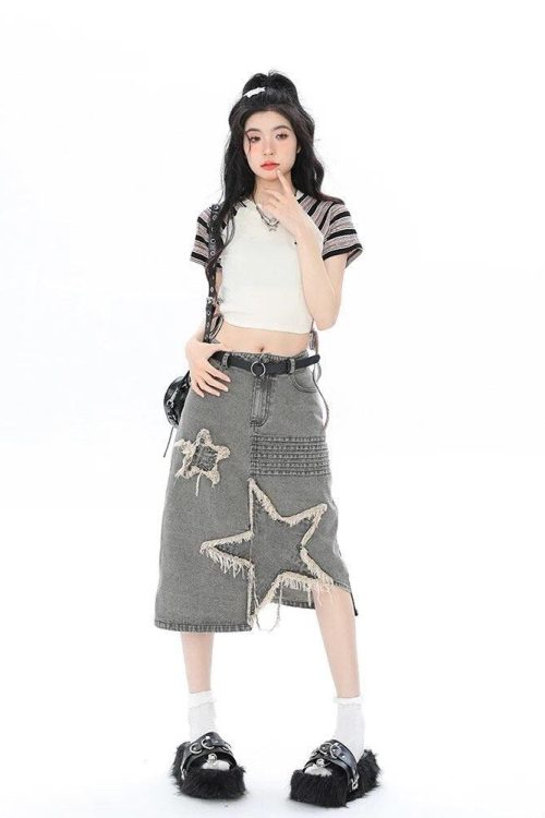 Relaxed Y2K Star Patchwork Midi Skirt for Relaxed Y2K Star Patchwork Midi Skirt