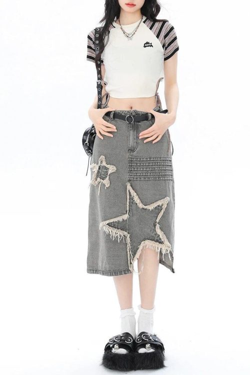 Relaxed Y2K Star Patchwork Midi Skirt for Relaxed Y2K Star Patchwork Midi Skirt