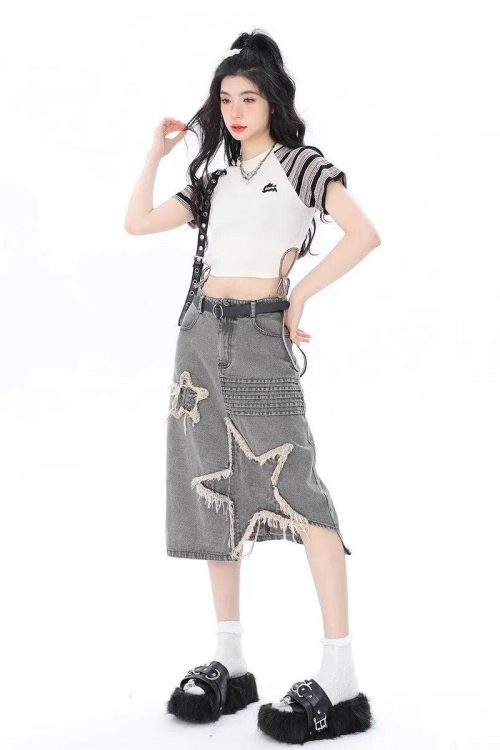 Relaxed Y2K Star Patchwork Midi Skirt for Relaxed Y2K Star Patchwork Midi Skirt