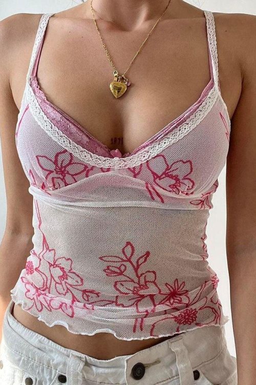 Romantic Coquette Lace Strap Floral Mesh Top for Romantic Coquette Lace Strap Floral Mesh Top