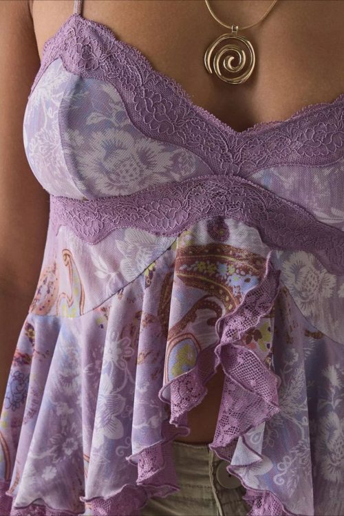 Romantic Retro Lace Mesh Splice Floral Cami Top for Romantic Retro Lace Mesh Splice Floral Cami Top
